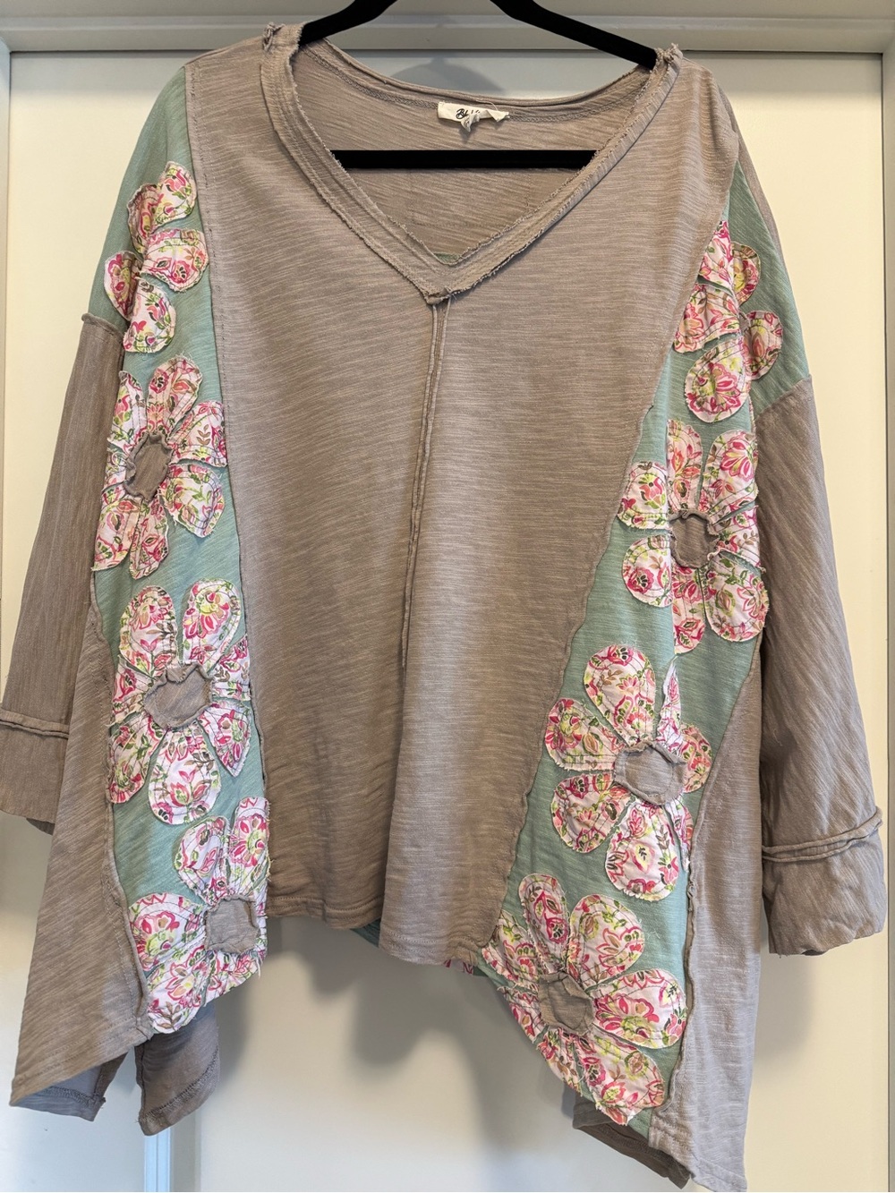 June Adel- Taupe Tunic w/Mint Panels and Pink Floral Appliqué- new without tags